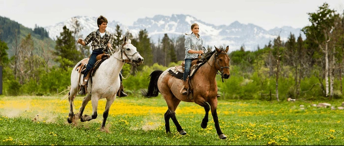 Confident plus-size woman riding Lyndhurst a horse through a field with a smile on her face.